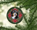 Bernese Mountain Dog Poinsetta Wreath Ceramic Ornament Christmas Tree Hanging Decorations for Home Christmas Holiday, Party, Gift, 3 in, Multicolor