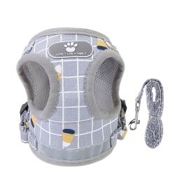 Pet Mesh Harness Dog Leash Set Reflective Chest Strap Adjustable Puppy Vest For Puppies Breeds Dogs Walking Outdoor (Option: GreyCheckered_XL)