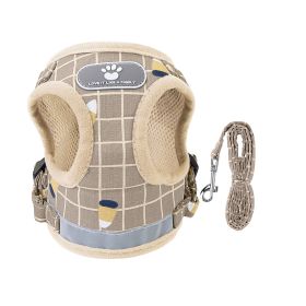Pet Mesh Harness Dog Leash Set Reflective Chest Strap Adjustable Puppy Vest For Puppies Breeds Dogs Walking Outdoor (Option: KhakiCheckered_XL)